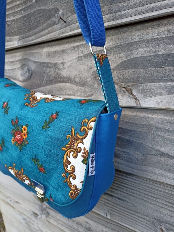Sac besace bandoulière Samuel Fallentin en simili cuir bleu roi et tissu vintage – Image 3