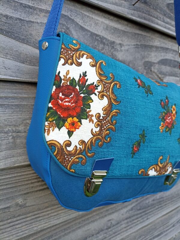 Sac besace bandoulière Samuel Fallentin en simili cuir bleu roi et tissu vintage – Image 2