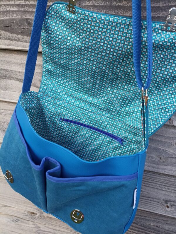 Sac besace bandoulière Samuel Fallentin en simili cuir bleu roi et tissu vintage – Image 6