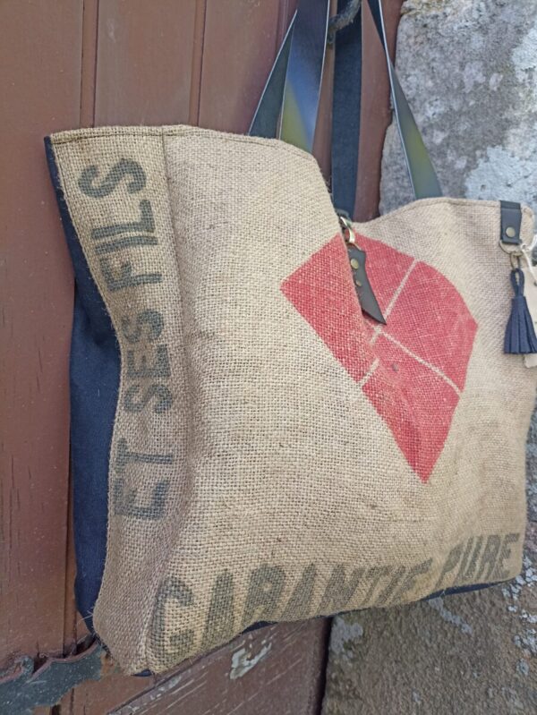 Sac cabas 80 jours en toile de jute ancienne et toile noire – Image 2
