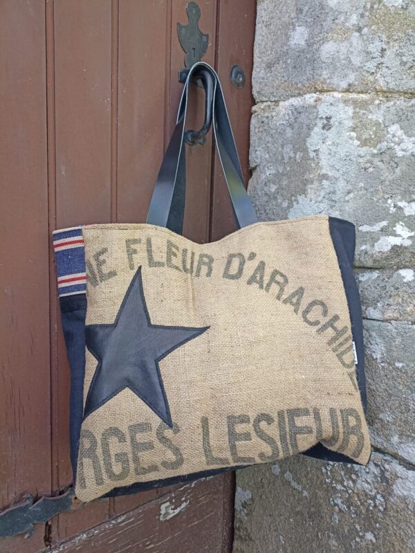 Sac cabas 80 jours en toile de jute ancienne et toile noire – Image 4