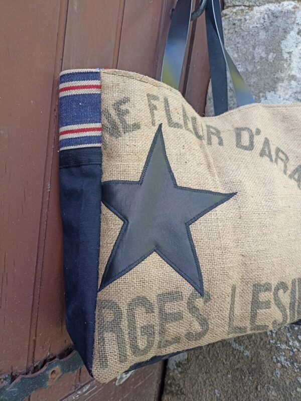 Sac cabas 80 jours en toile de jute ancienne et toile noire – Image 5