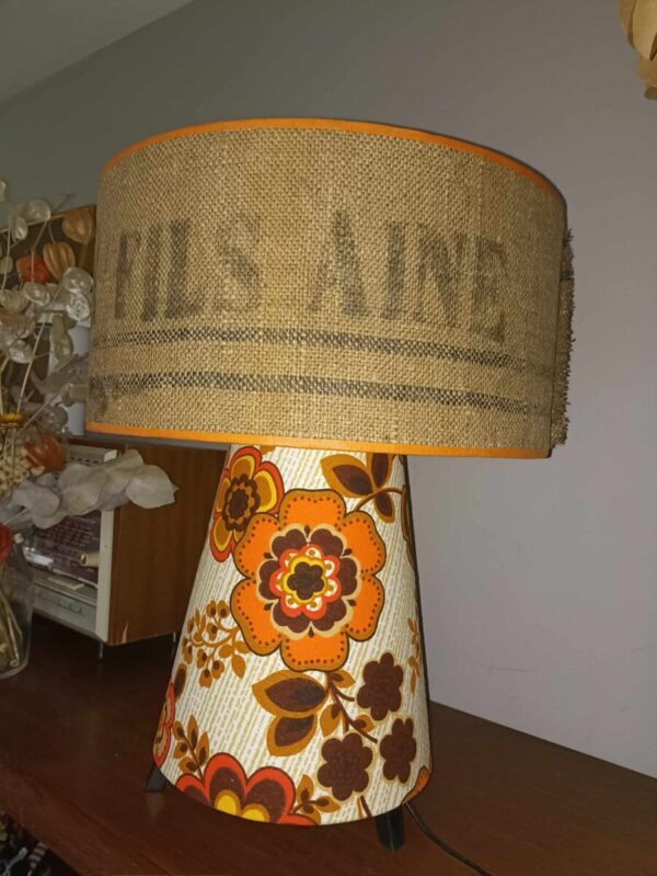 Abat jour en toile de jute et tissu vintage – Image 3