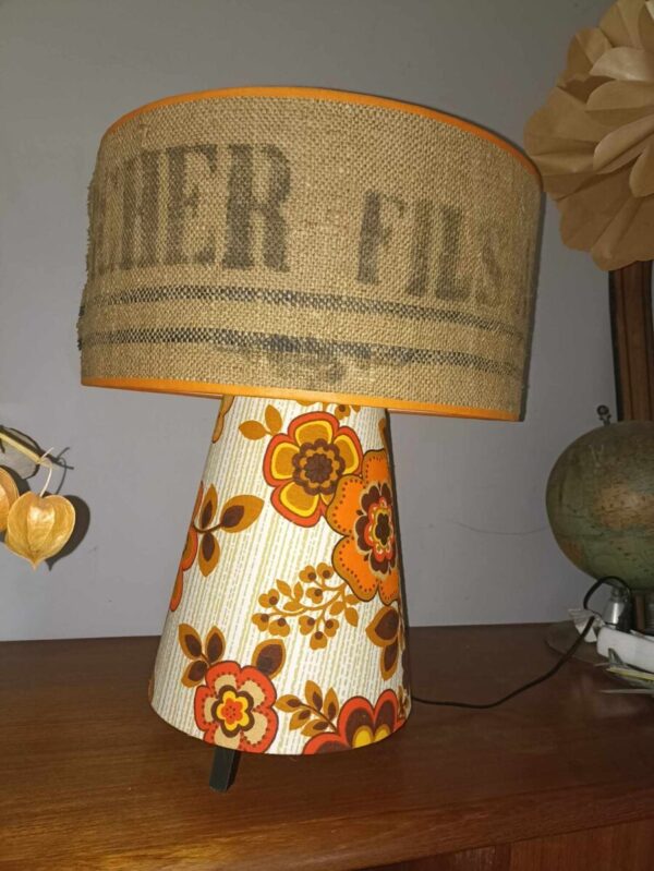 Abat jour en toile de jute et tissu vintage – Image 2