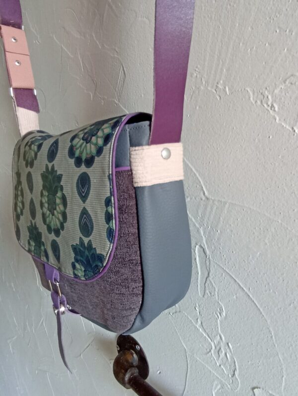 Sac fix en simili cuir gris antracite et en coton enduit fleurs de lotus – Image 2