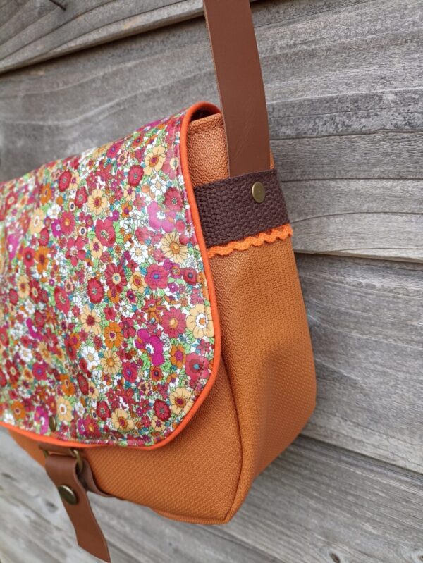 Sac fix en simili cuir rouille et coton enduit fleurs d'automne – Image 3
